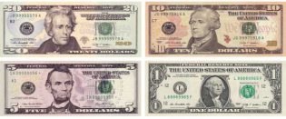 Moneda del Ecuador. Billetes. Dólar américano.